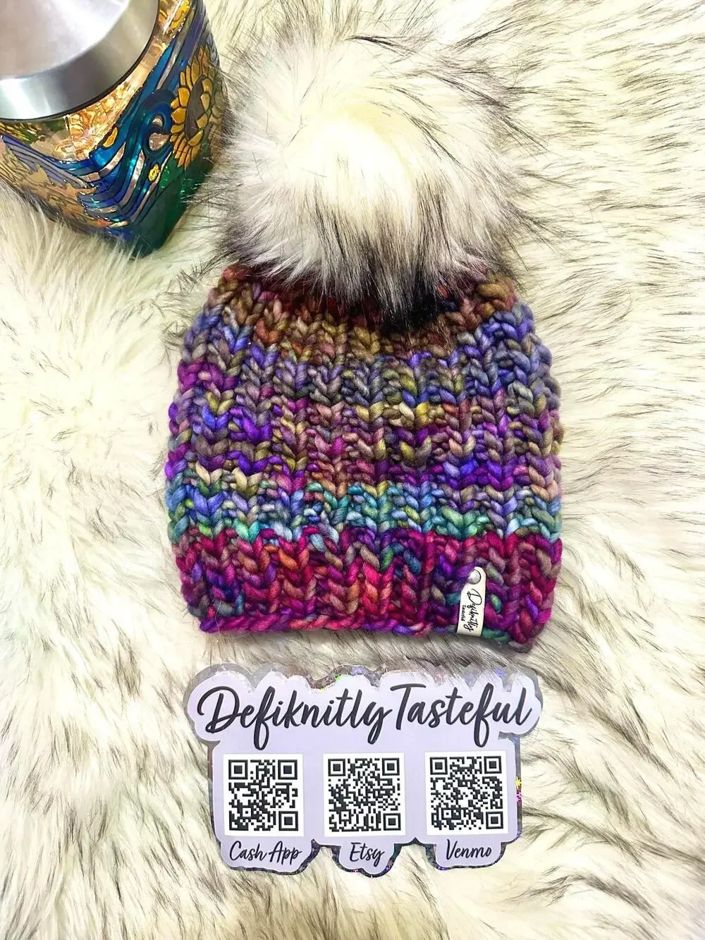 Hand Knit Scrappy Merino Wool Beanie: DefiKnitly Tasteful Knit Hat with Faux Fur